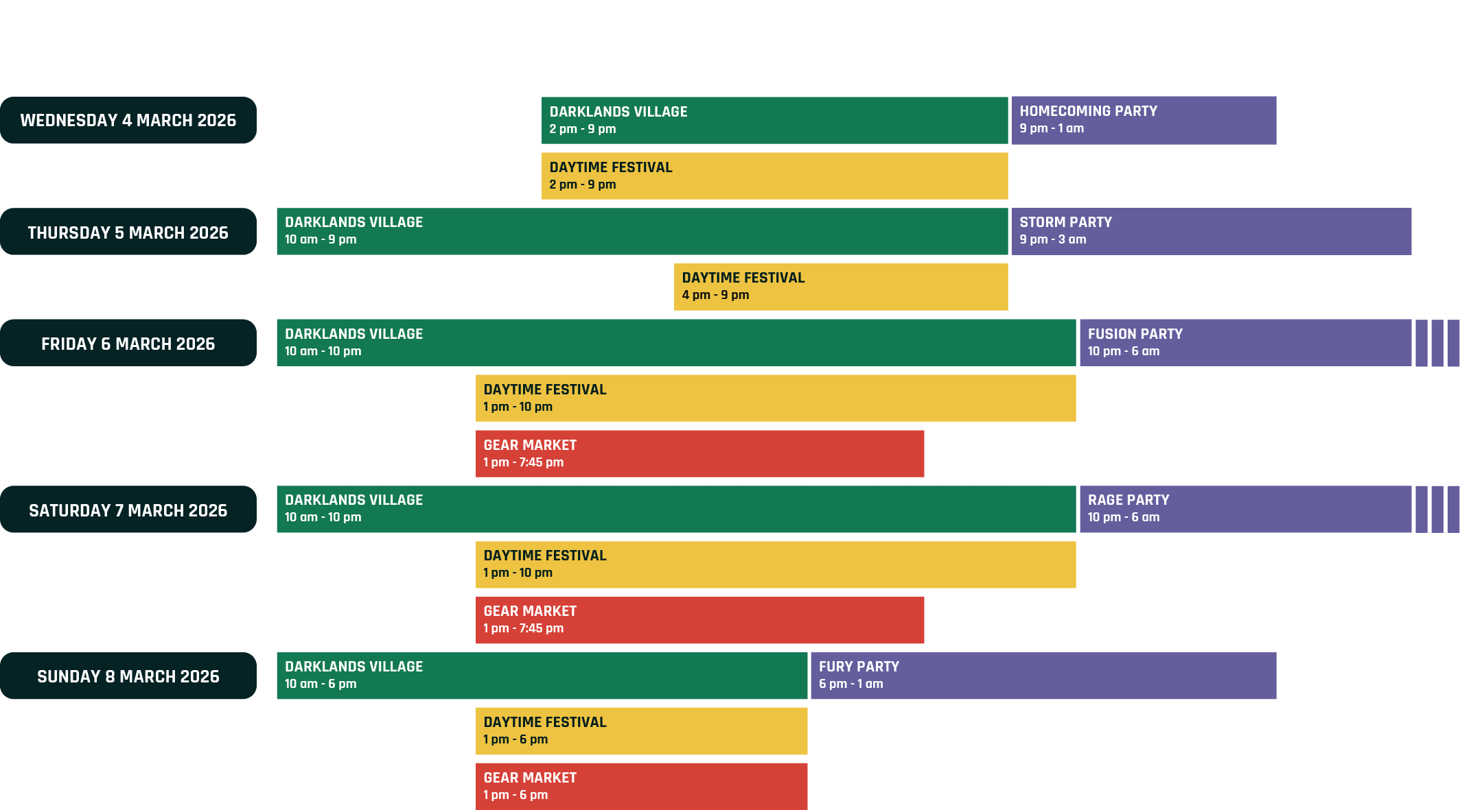 Timetable with general opening hours.