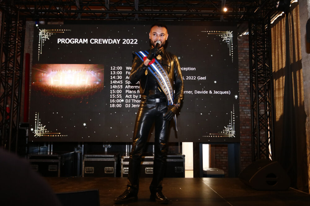 International Mr Leather on stage during the Darklands Crew Party 2024.