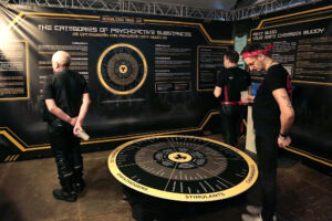Visitors exploring the Kink Responsibly exhibition at Darklands 2025.