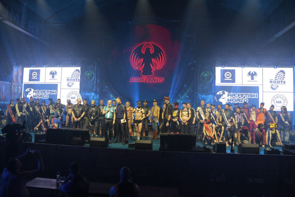 Contestants of Mr Fetish World 2025 on stage during Darklands.